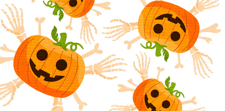 smiling halloween pumpkins and human skeleton bones seamless pattern