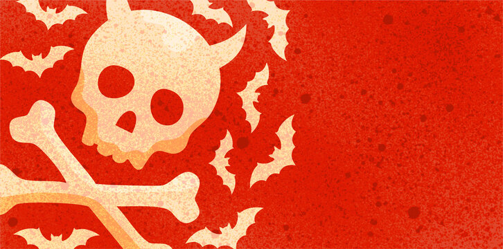 frightening skull with crossbones and bats on red background