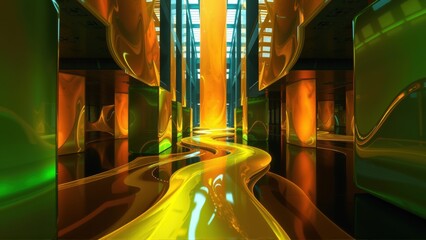 Fototapeta premium Futuristic interior. Bright orange, yellow light flows through dark space. Smooth curves define walls, columns, reflections dominate scene.