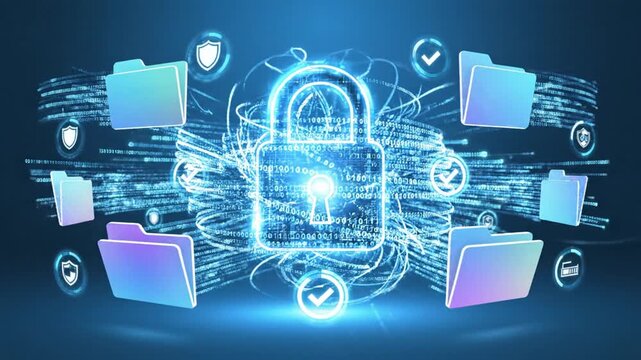 Digital padlock protecting data files cyber security concept illustration
