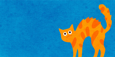 scared orange cat arching back on plain blue background © foxndeer