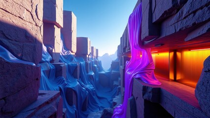 Fototapeta premium Futuristic city landscape. Stone structures, flowing blue material, vibrant purple light, orange glow. Dramatic lighting creates depth, mystery.