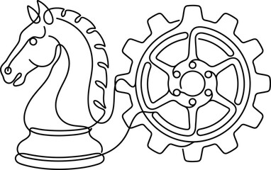 Continuous single line drawing of chess knight and gear wheel. © YouthIdea