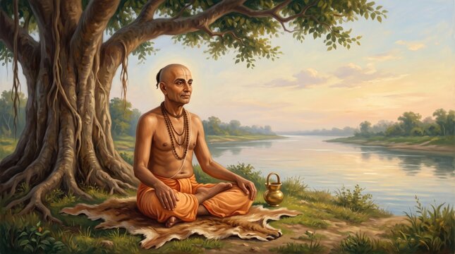 Indian ascetic meditating under ancient banyan tree by riverbank at sunset spiritual practice tulsidas jayanti