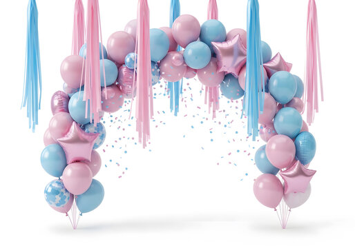 Pink and blue balloons arch with tassels, festive decoration for party