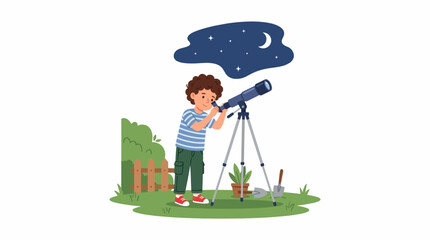 Fototapeta premium Young Astronomer Gazing at the Night Sky: A young boy with curly hair gazes through a telescope at the starry night sky, featuring a crescent moon and distant stars.