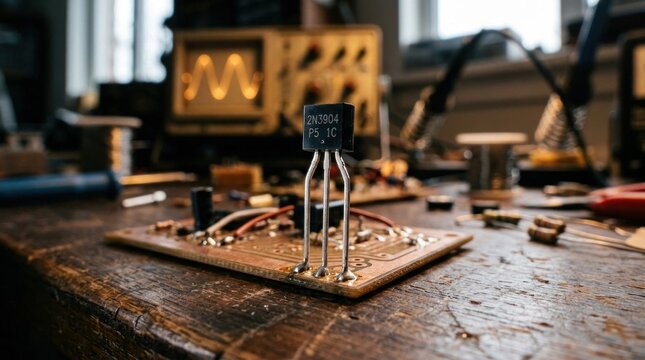 Electronic transistor soldered to circuit board in technology laboratory