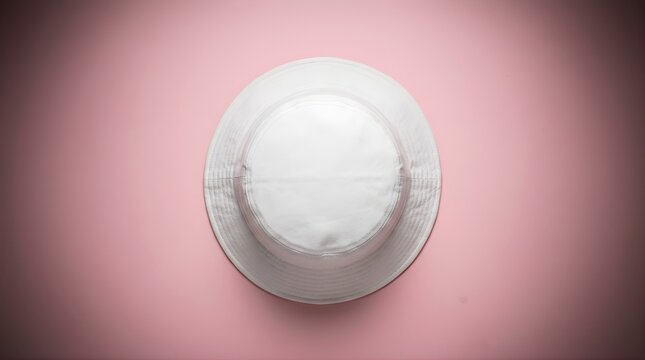 Top down view of a plain white bucket hat on a pastel pink background summer fashion accessory apparel