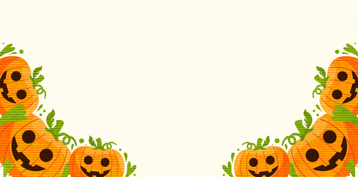 creepy grinning pumpkins forming bottom border on white space