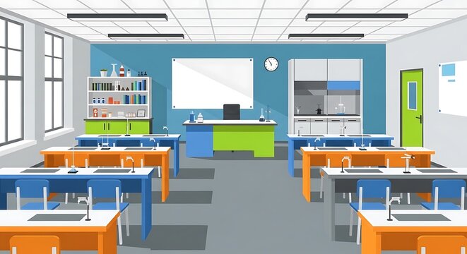 An empty classroom with desks, chairs, shelves, boards, and a clock on the wall.