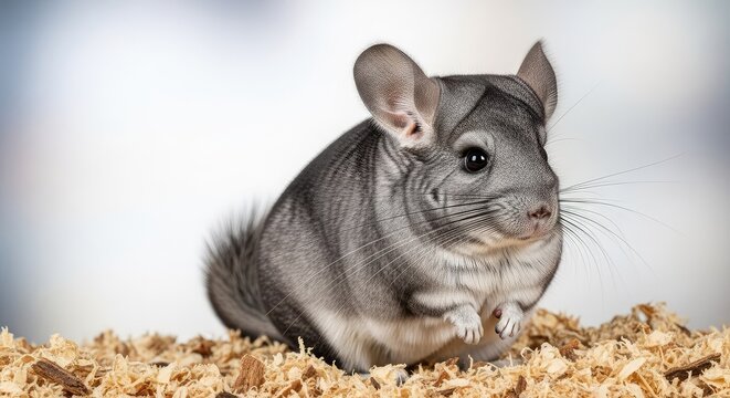 This charming gray chinchilla sits peacefully on textured filler, showcasing its lush coat, long whiskers, and gentle, curious expression, macro, substrate, filler