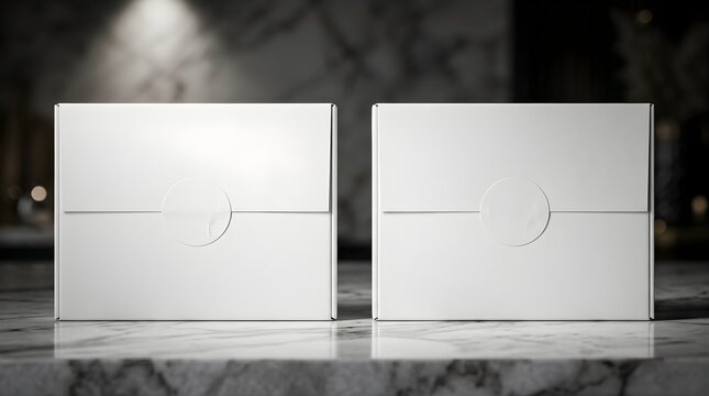 Two white rectangular product boxes with circular cutout detail on a luxury marble surface for premium branding presentation