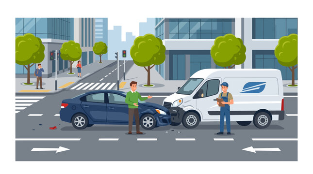 Car Accident: Sedan Collides With Van Downtown, Two Men Discussing Damage