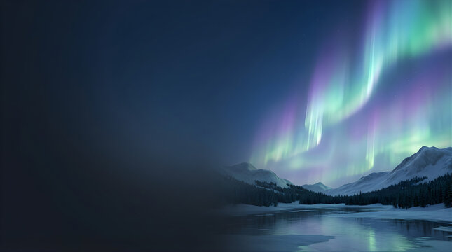 Vibrant aurora borealis dancing over snowy mountain range and frozen lake at night featuring deep cosmic atmosphere