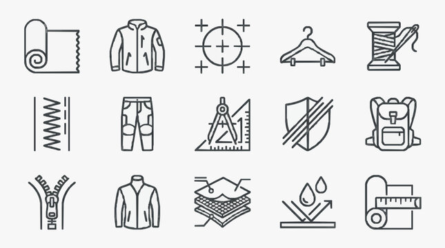 Minimalist Black and White Line Icons Set Featuring Clothing Sewing Tools and Tailoring Accessories