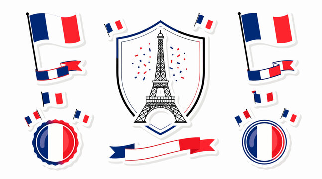France Icons: Eiffel Tower, Flags, Ribbons, Shield, Confetti