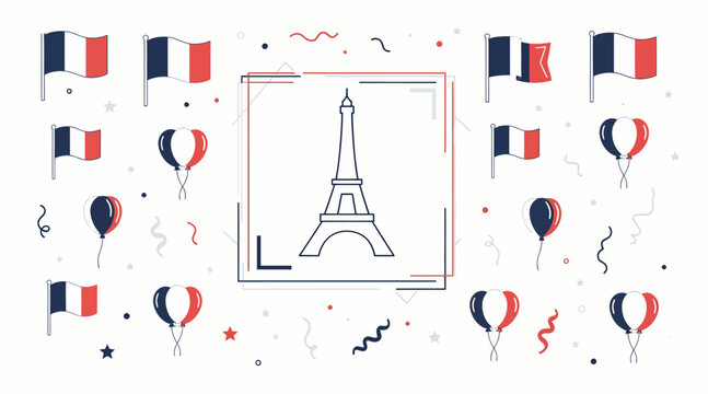 France Paris Eiffel Tower National Flags Balloons Confetti Celebration Vector
