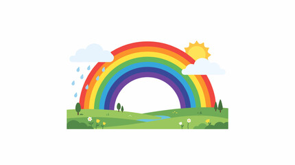 Naklejka premium Vibrant Rainbow Over a Grassy Landscape: A classic rainbow arches across a clear sky, with clouds on either side, one releasing gentle rain and the other a bright sun peeking through. Below.