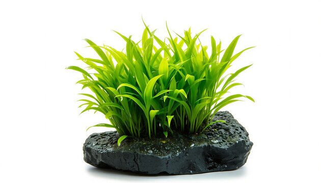 Java Fern Aquascape Aquatic Plant on Lava Rock Isolated on White Background