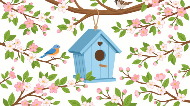 Spring Awakening: A charming blue birdhouse hangs amidst blossoming cherry branches, with two sparrows perched nearby, signaling the vibrant arrival of spring.