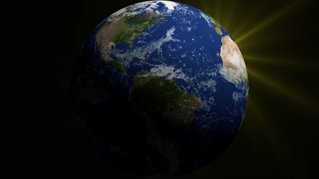 Zoom out of the rotating planet earth in space. Galaxy with solar system background. 