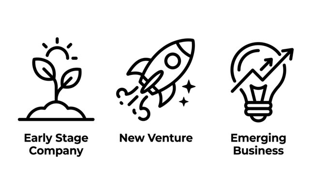 Early stage company and emerging business growth vector icons with business emerging lightbulb investment development innovation strategy planning entrepreneur corporate commercial progress