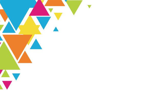 Vibrant colorful geometric triangles decorate the top left corner of a clean and spacious white background.