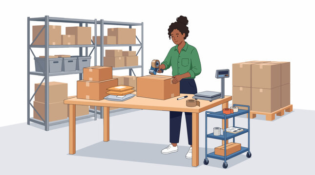Warehouse Order Fulfillment: A woman diligently packs and seals boxes in a busy warehouse setting, surrounded by shelves stocked with inventory and a scale for weighing packages.
