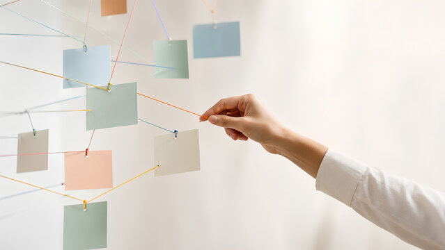 Visual Thinking Concept with Hand Connecting Blank Cards and Threads