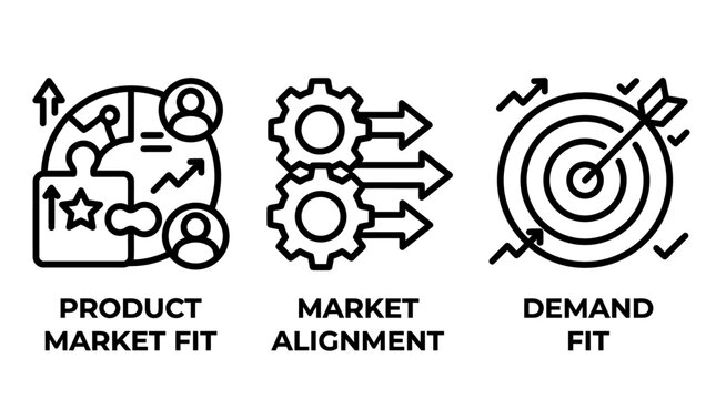 Business strategy icons set including product market fit market alignment and demand fit for growth analysis with business strategy marketing alignment development planning management corporate