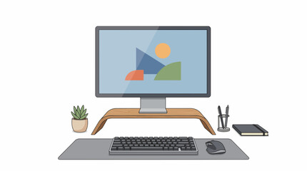 Fototapeta premium Minimalist Desk Setup: A clean and modern desk arrangement featuring a computer monitor displaying abstract art, a keyboard, mouse, notepad, pens, and a small potted plant.