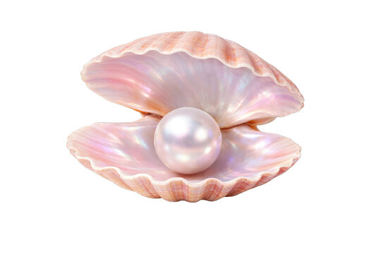Lustrous pink pearl inside an open scallop seashell, elegant iridescent oyster shell with precious jewel, luxury marine treasure concept isolated PNG with Transparent Background