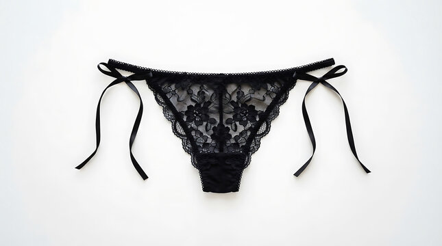 Black lace thong on white background, flat lay