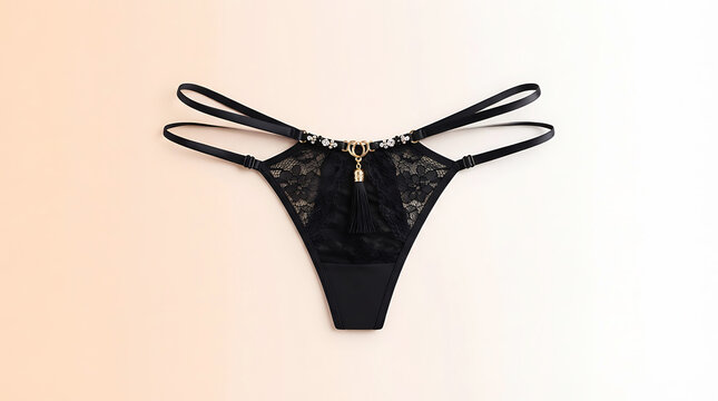 Black thong underwear, front view, flat lay