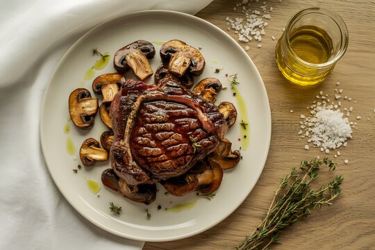 Grilled ribeye steak served with sauteed mushrooms, culinary