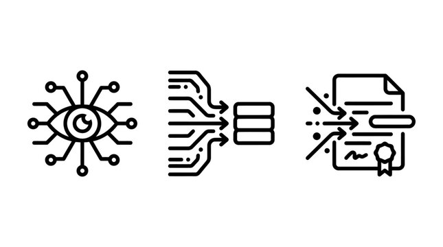 Computer vision and digital document verification icons with document verification computer analysis technology security authentication certification information processing software