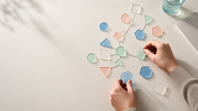 Creative Thinking with Hands Arranging Colorful Paper Shapes on Desk