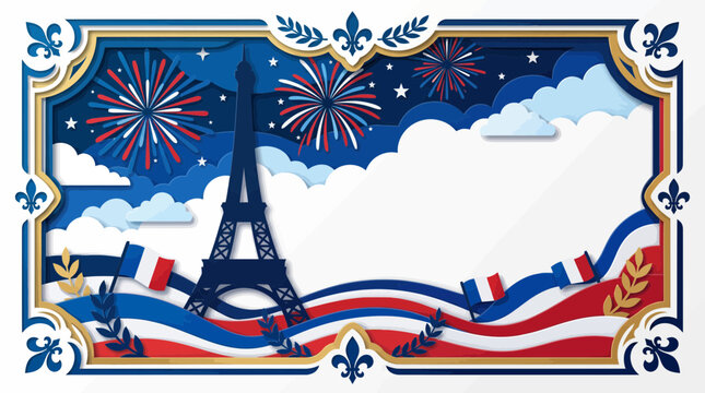 French National Day Bastille Day Celebration Greeting Card Template Background with Fireworks and Tricolor Flag Copy Space