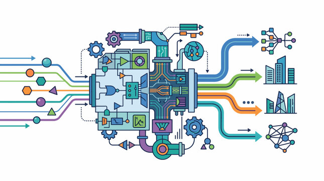 Abstract Data Processing Machine: A colorful, intricate illustration depicts a futuristic machine processing various inputs and transforming them into organized outputs.