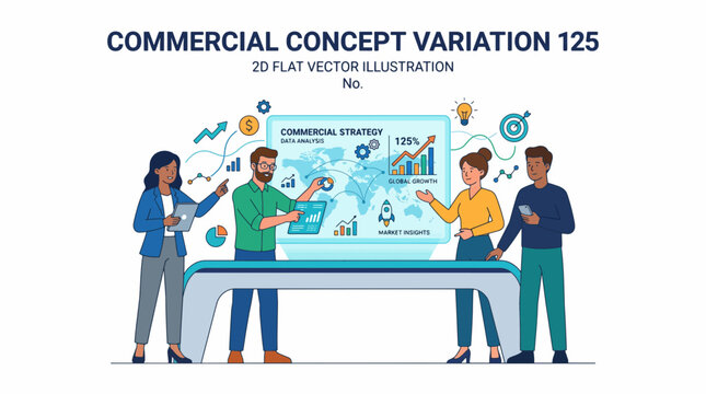 Business Strategy Meeting: A team of diverse professionals collaborate around a futuristic display, analyzing global data and charts to devise a winning commercial strategy.