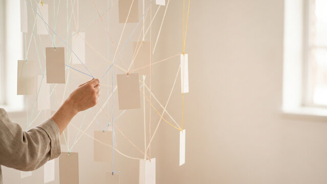 Conceptual Thinking Installation with Blank Cards Connected by Strings