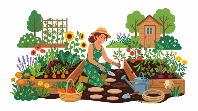 Garden Paradise: A woman happily tends to her vibrant vegetable garden, surrounded by lush greenery, ripe tomatoes, sunflowers, and blooming flowers, embodying the joy of home-grown produce.
