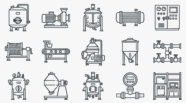 Creative Black and White Line Drawing Set of Industrial Brewing and Processing Equipment Icons with high quality professional line art symbols for modern creative design and digital branding projects