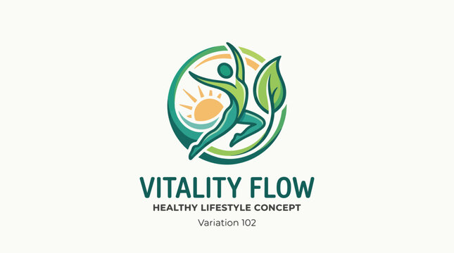 Vitality Flow: A vibrant logo embodies a healthy lifestyle concept, featuring a dynamic human figure embracing nature's elements of sun, leaf, and organic shapes.