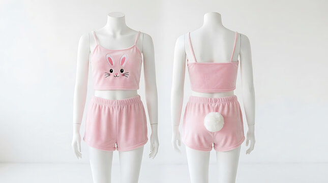 Pink plush two-piece outfit, front and back views
