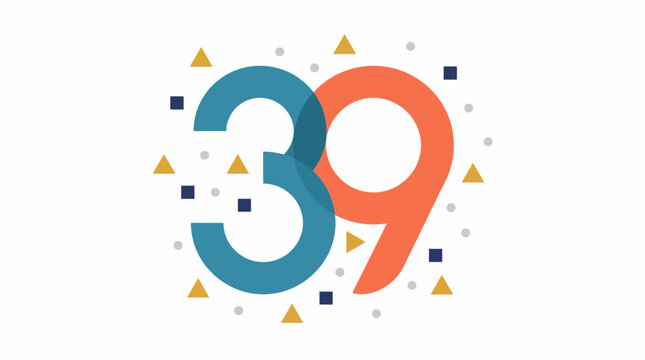 Number 39 Celebration: A vibrant graphic illustration featuring the number 39 in teal and orange, surrounded by festive confetti and small geometric shapes, symbolizing celebration and a milestone.