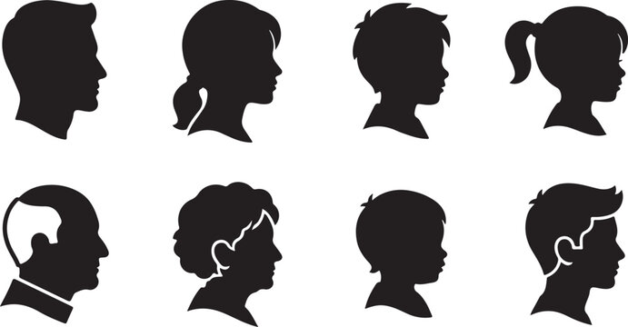 Collection of diverse human face profiles depicting men, women, children, and seniors representing various age groups