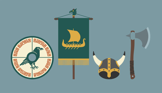 Viking themed graphic design elements including a round shield, a longship banner, a horned helmet, and a battleaxe.