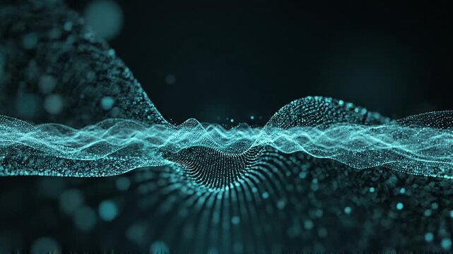 Teal and cyan glowing particles flow through deep matte black background with volumetric lighting, soft luminous trails and cinematic depth, creating premium technology branding aesthetic.