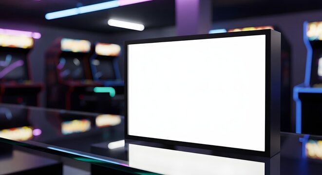 Blank screen on a table in a retro arcade with neon lights and vintage game machines in the background, perfect for your design.